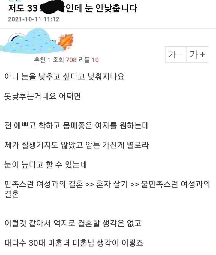 남초 및 여초 모두 공감받았다는 30대 미혼남녀 생각.