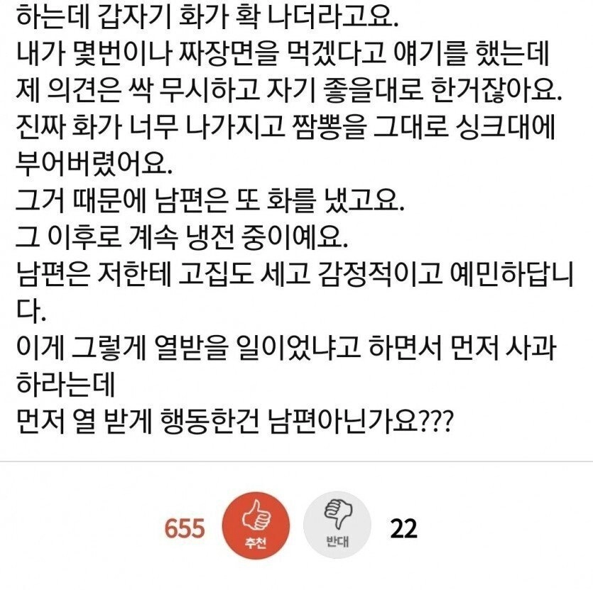 남편이 짬뽕 시켜서 싱크대에 부어버린 아내