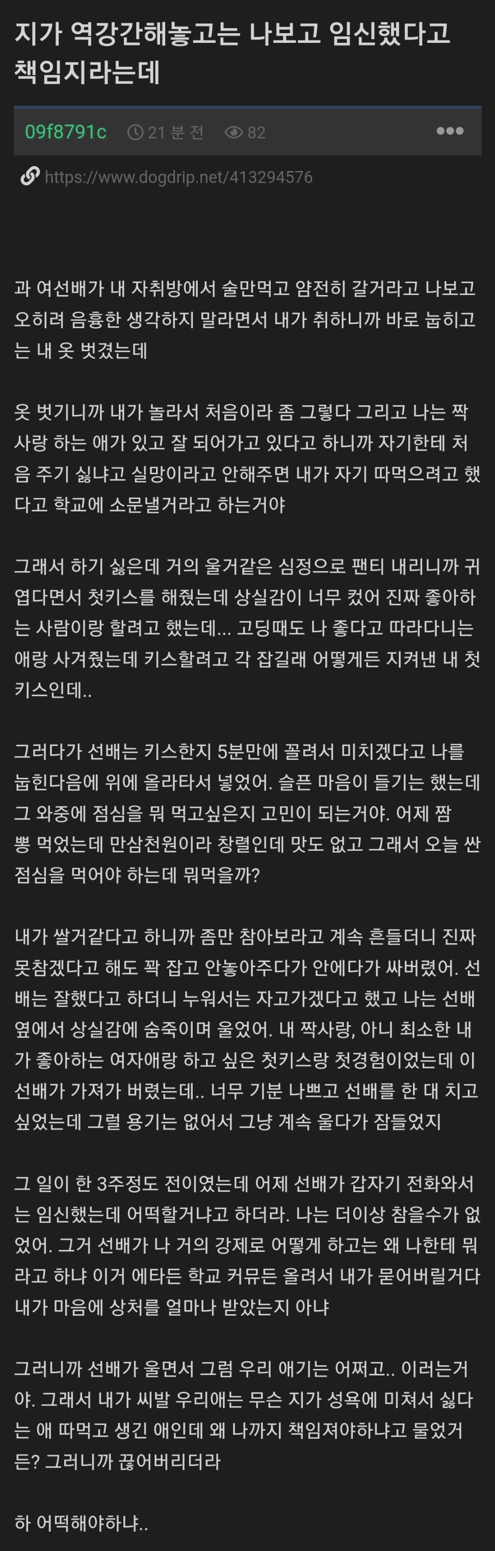 역강간해놓고 임신까지 책임지라는 여선배.txt