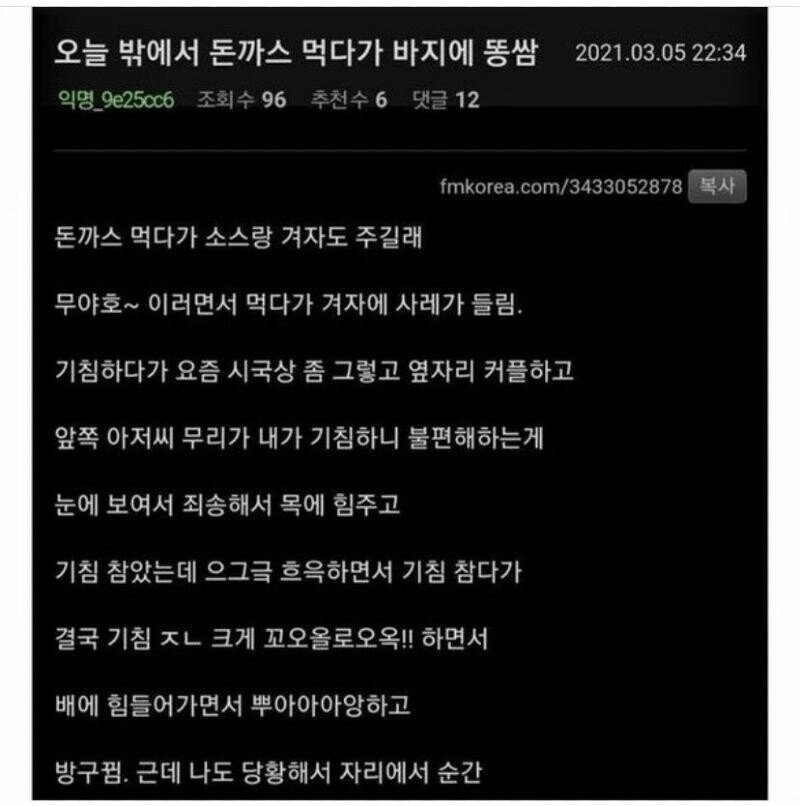 돈까스 먹다가 바지에 똥쌈