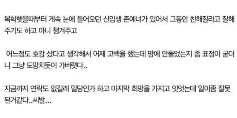 신입생 존예녀한테 고백한 디씨인....