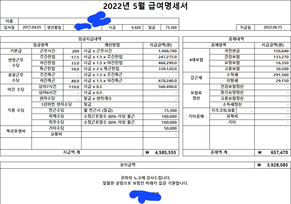 중소기업 주야 2교대 월급