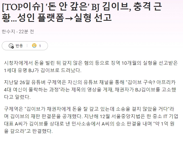 '돈 안 갚은' BJ 김이브, 충격 근황…성인 플랫폼→실형 선고