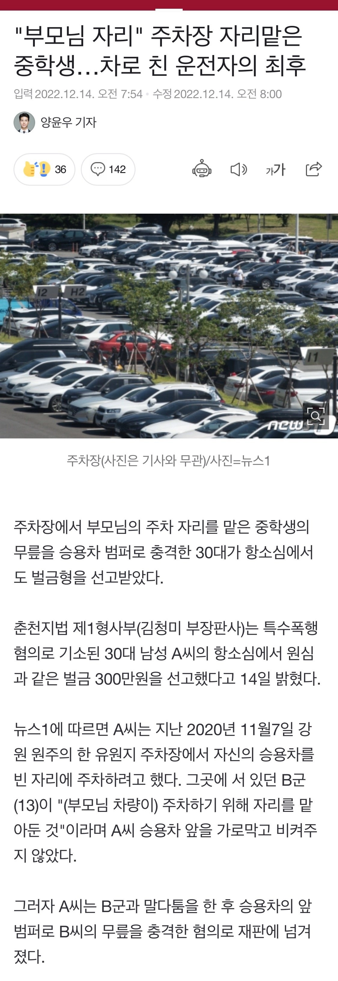 부모가 주차 자리 맡으래서 차에 달려든 10대