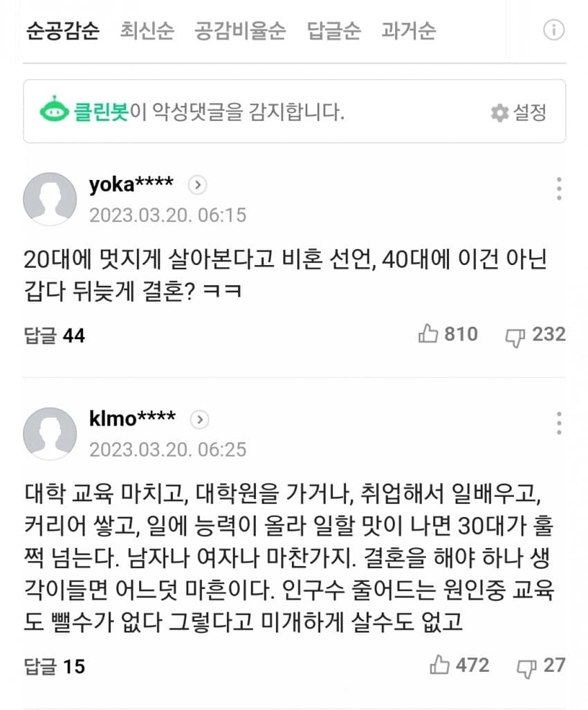 대한민국 여자 결혼나이 추세