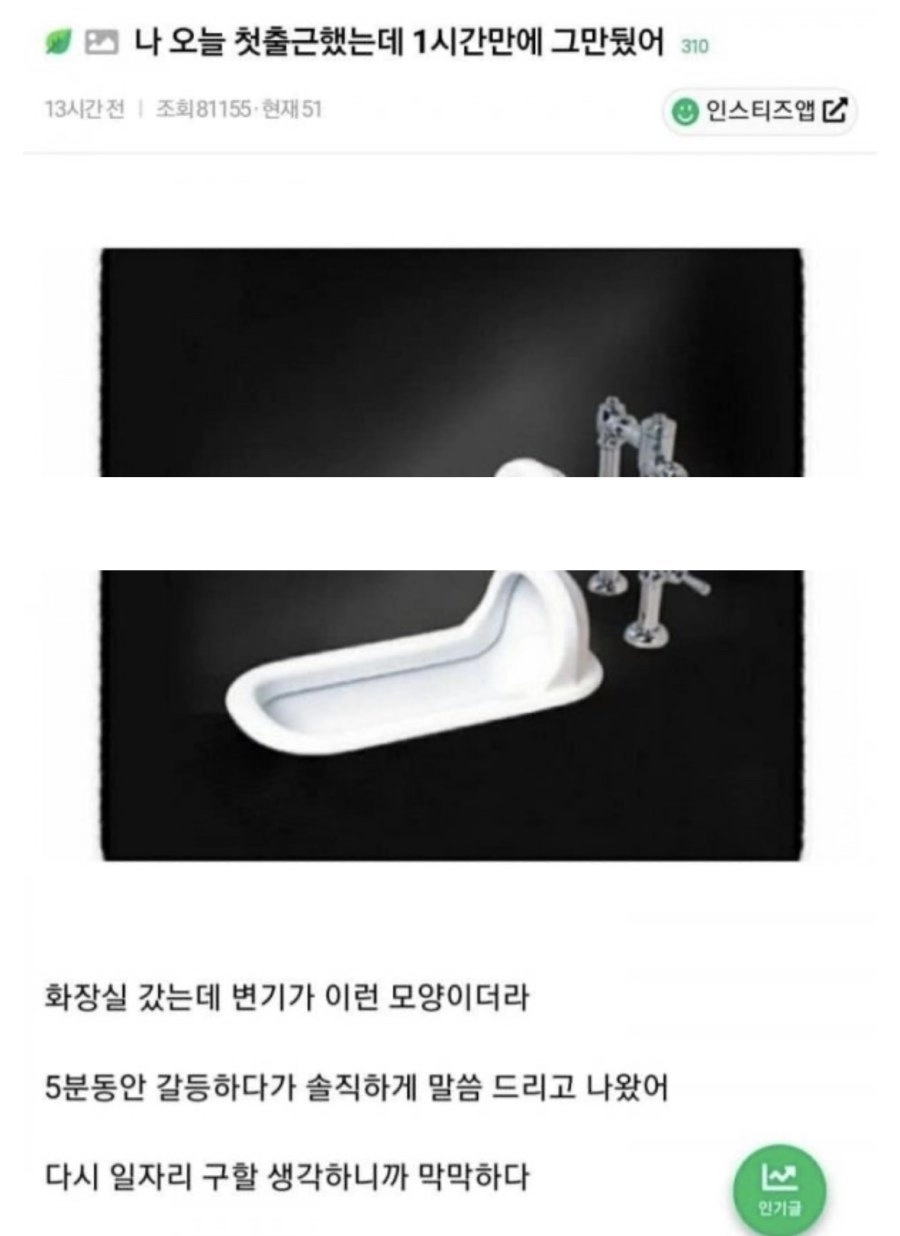 나 오늘 첫출근했는데 1시간만에 그만뒀어