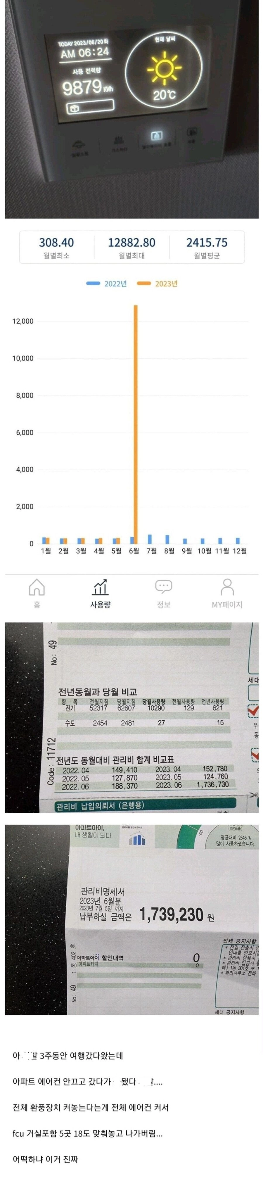 3주간 에어컨 안 끄고 여행 간 사람의 전기세..ㄷㄷ