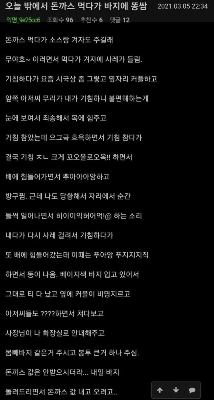 돈까스 먹다가 바지에 똥쌈
