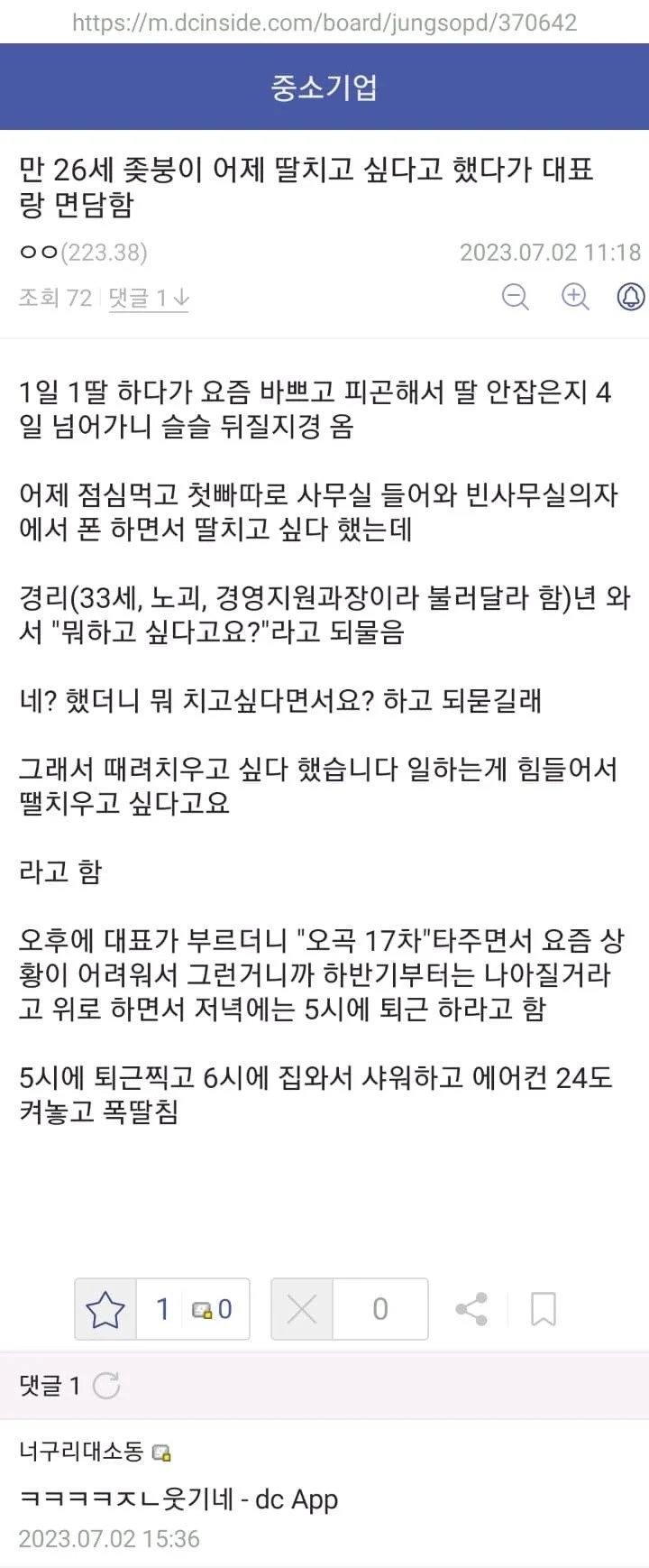 딸치고 싶었던 좆소기업 다니는 디시인