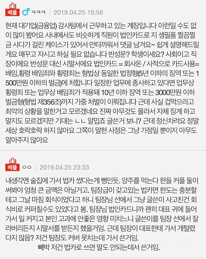 회사 법카로 남친과 놀아난 사회초년생