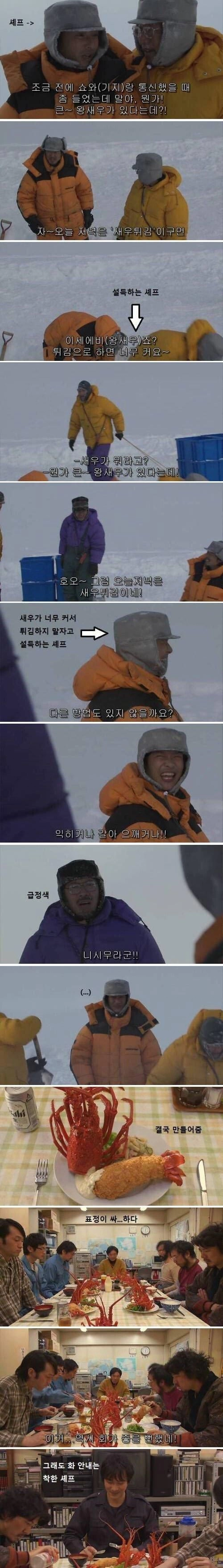 남극에서 왕새우 튀김 만들어먹기