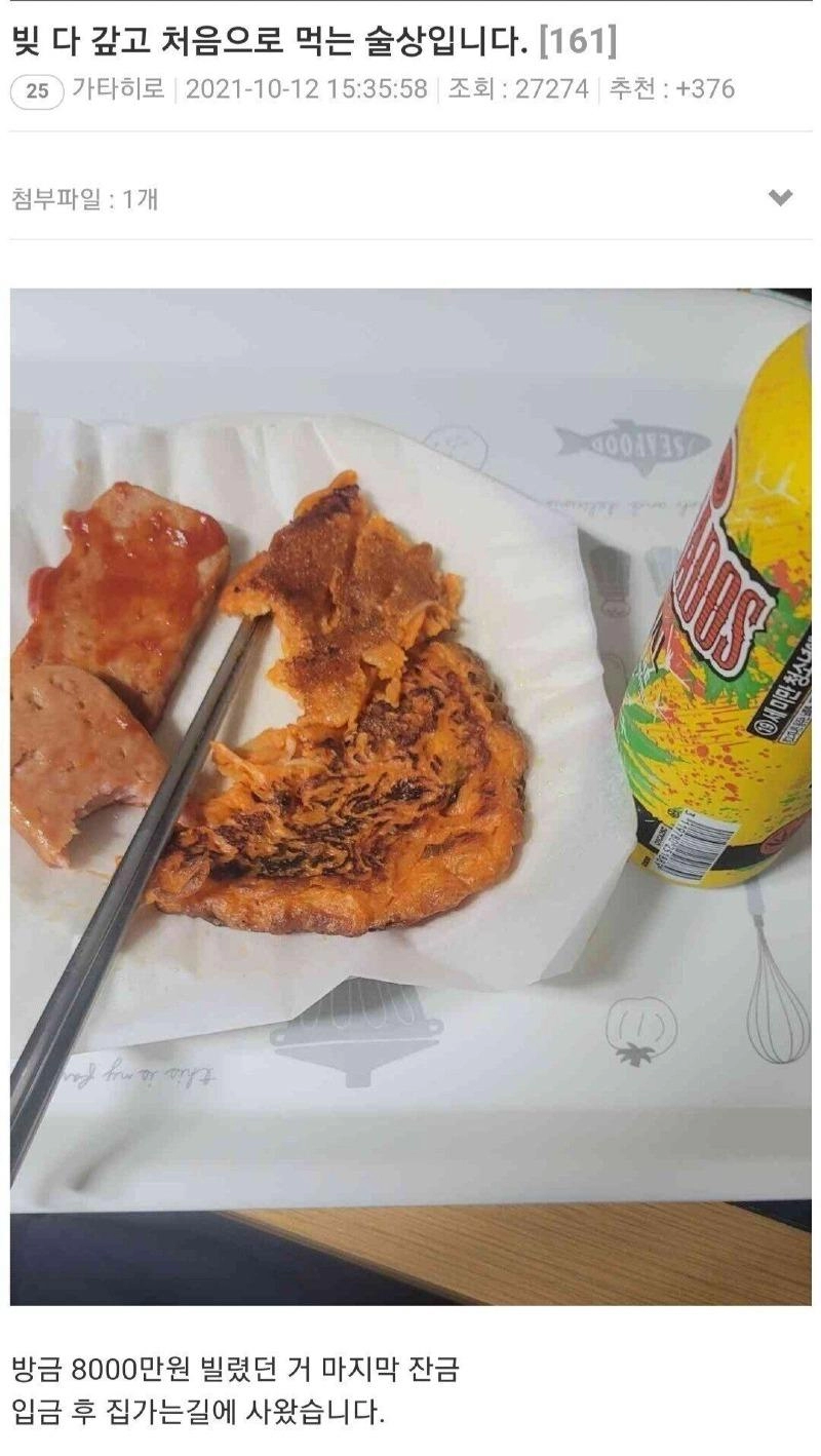 빚 다 갚고 처음으로 먹는 술상입니다.