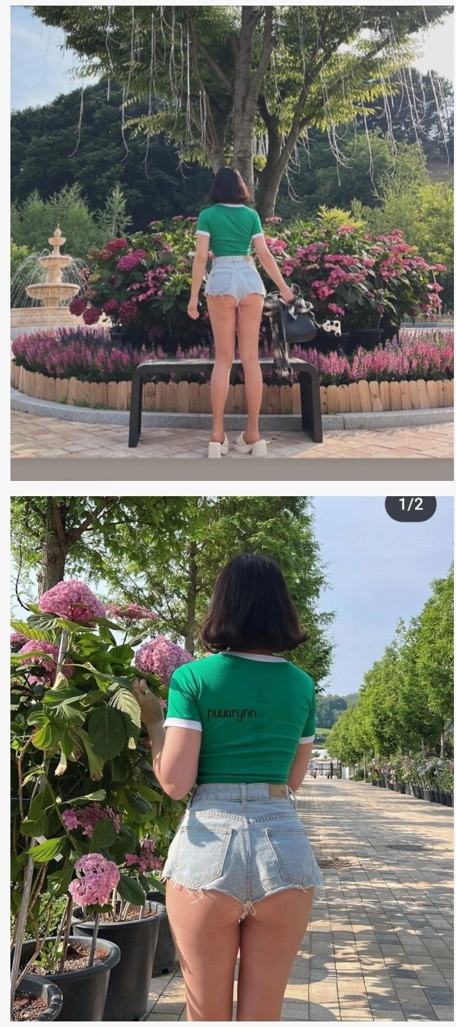 핫팬츠가 너무 짧아서 엉밑살이 튀어 나와버림