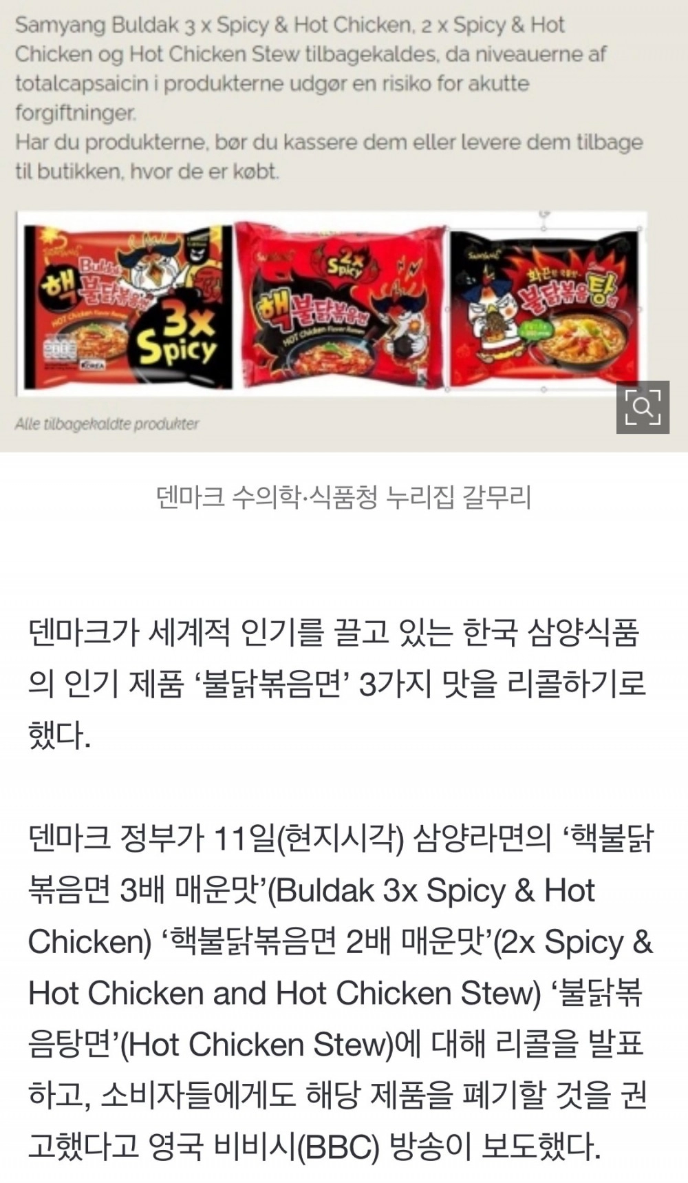 덴마크 정부 핵불닭볶음면 리콜 발표