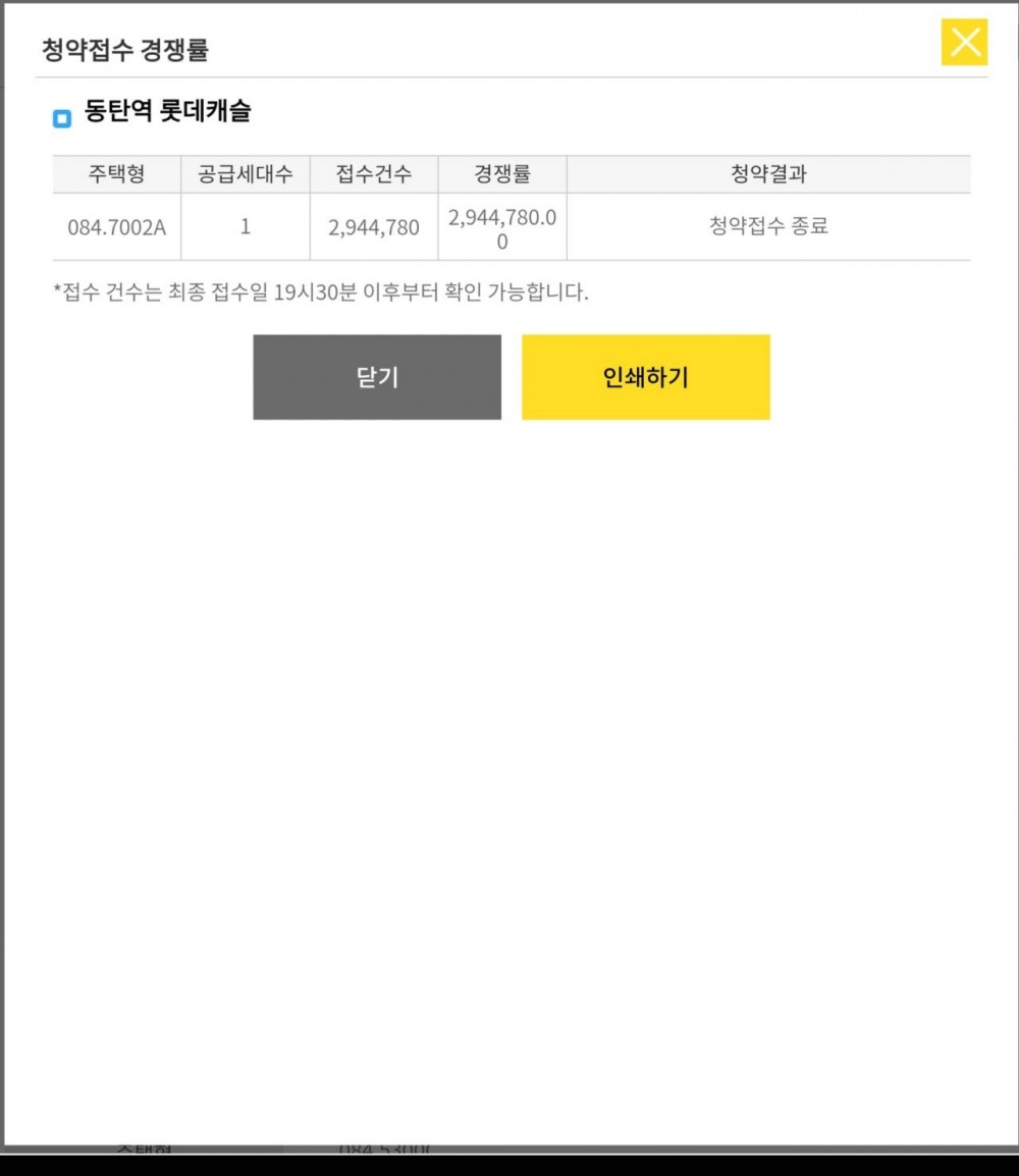 동탄역 롯데캐슬 무순위 청약 결과