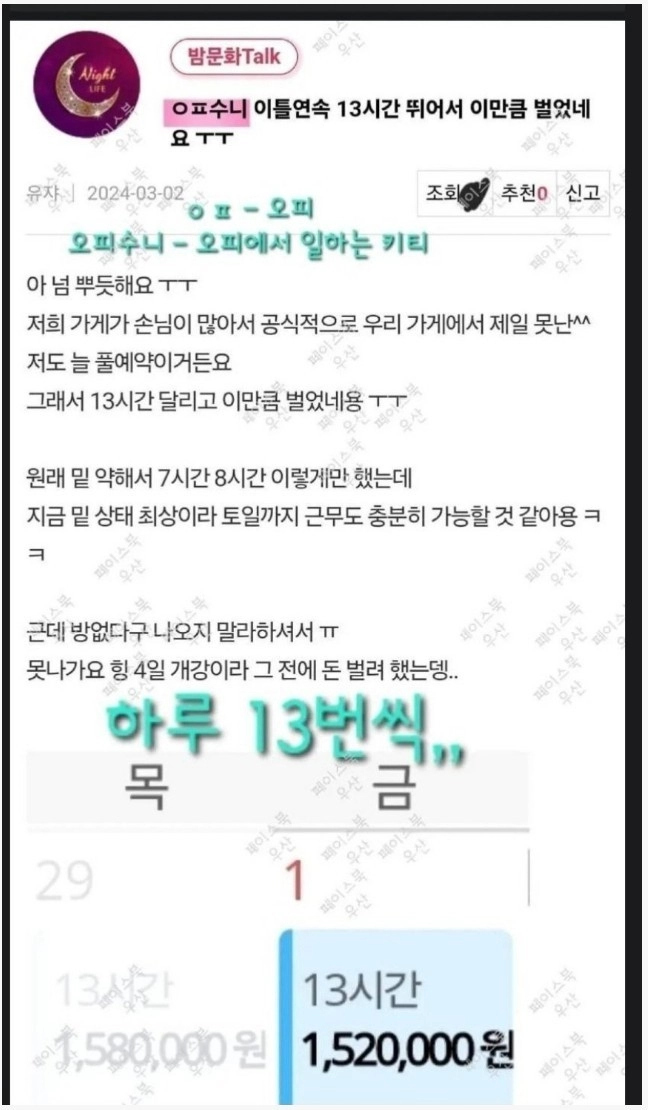 하루 13시간 달린 오피녀 수익