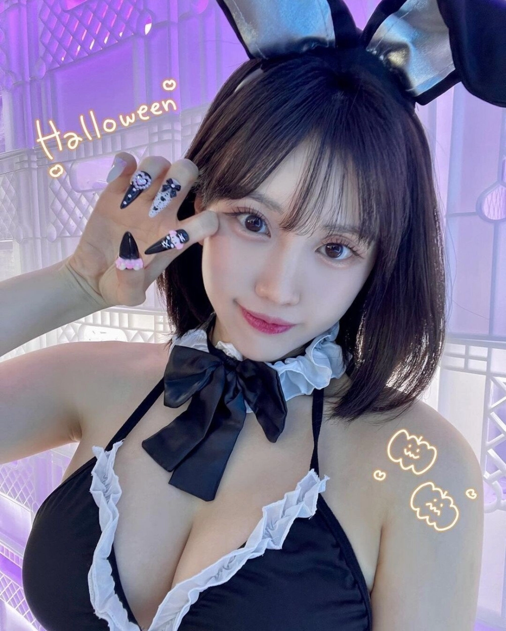 보라색 홀터넥 끈비키니 + 블랙 바니걸 유치 가슴골 엉태