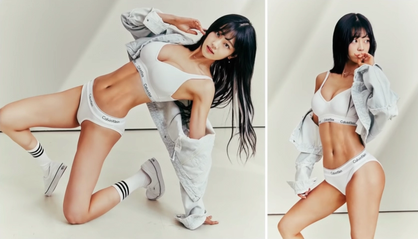 QWER 쵸단 바디프로필 찍을 당시 흰 CK브라팬티 노출