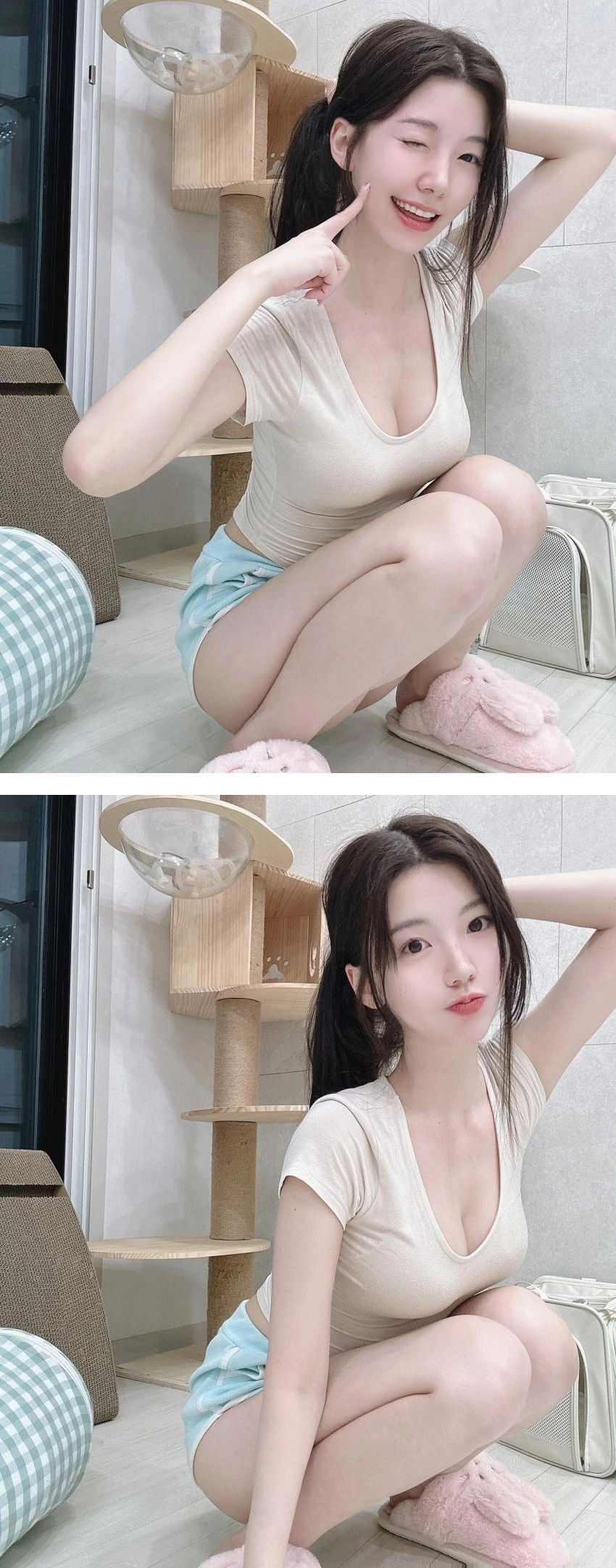 쪼그려 앉은 쏘블리 민트색 돌핀팬츠 뽀얀 허벅지