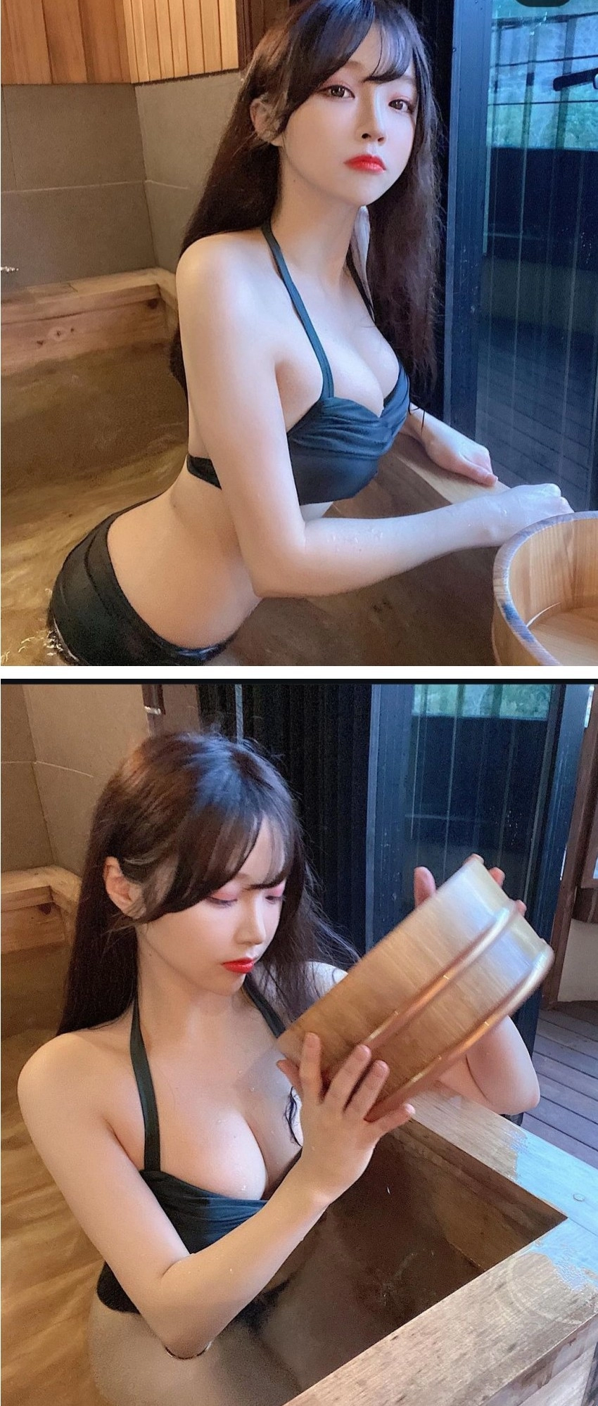 바가지로 물 끼얹는 코코 검정 비키니 엉밑살 가슴골