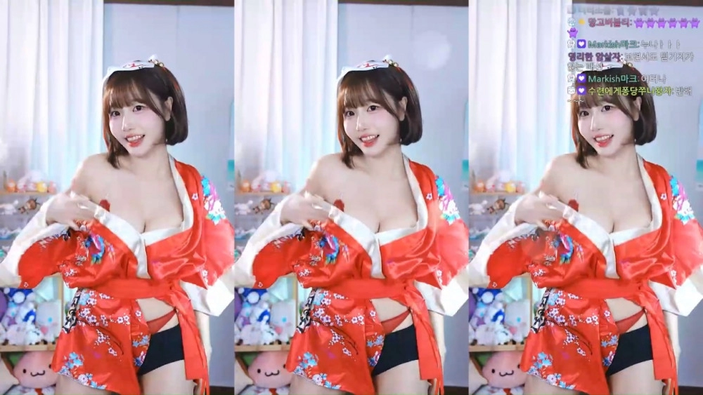빨간 레이스 브라팬티 삐져나온 빨간 기모노 수련수련