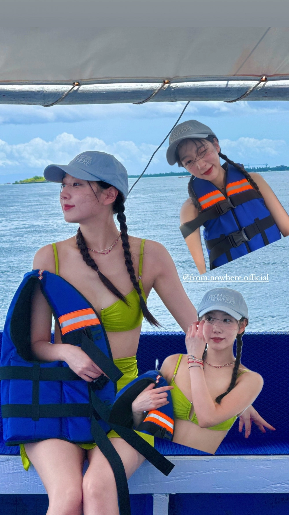 보트 위에서 연두색 끈비키니 입은 정예인 몸매