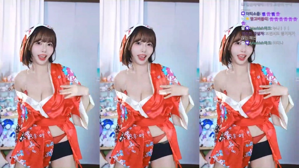 빨간 레이스 브라팬티 삐져나온 빨간 기모노 수련수련