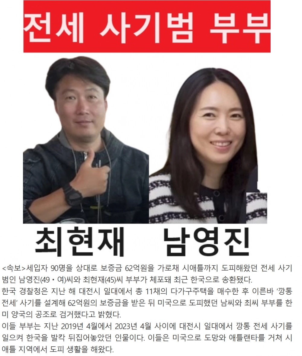 미국으로 도망간 대전 전세 사기범 부부 잡힘