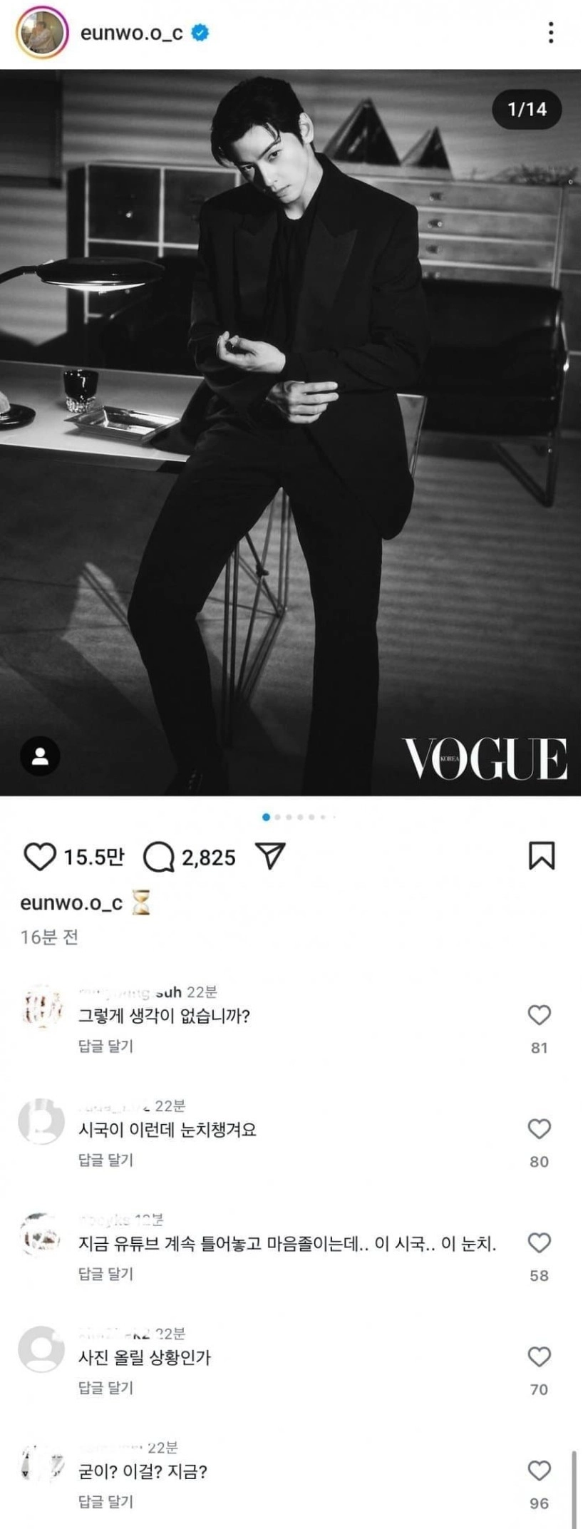 인스타 테러 당하고 있는 차은우