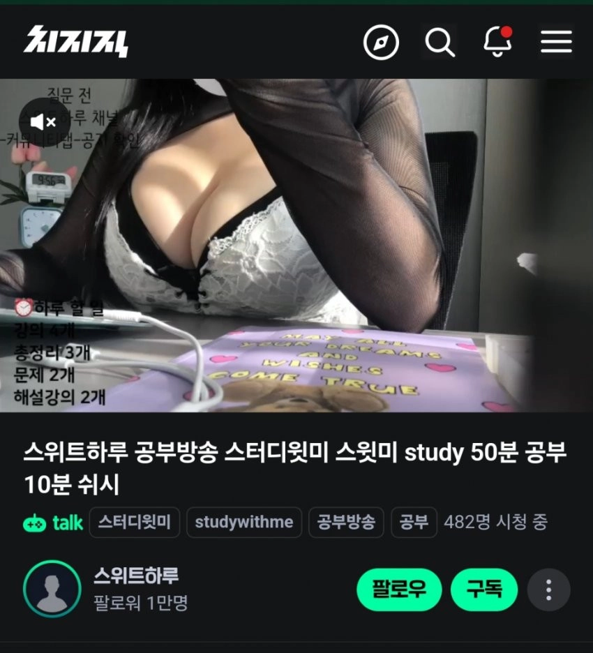 치지직 슴터디 여캠 스위트하루 레전드