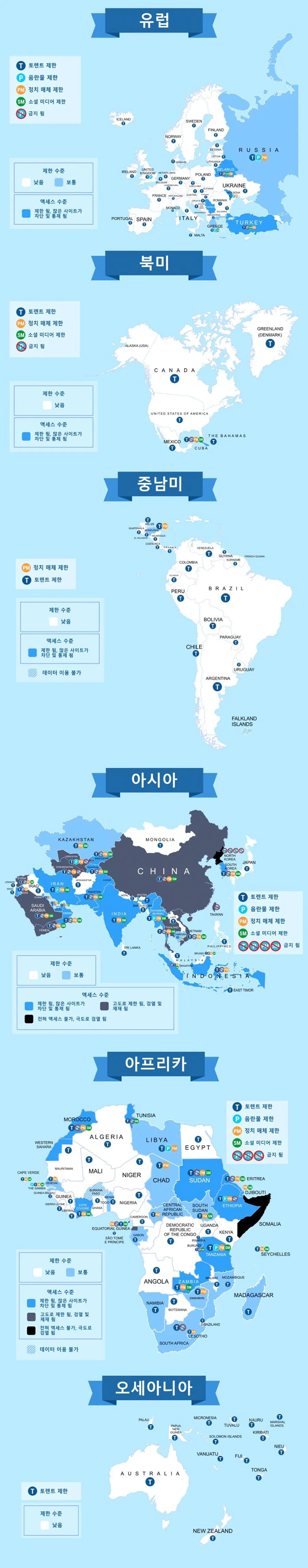 VPN 업체에서 만든 각국별 인터넷 검열 수준 지도 ㄷㄷ