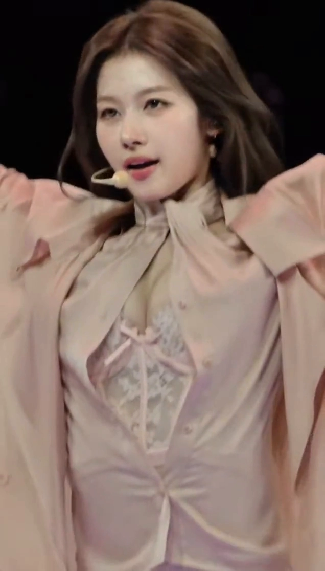 사나 슴부먼트 단추 풀어진 실크 셔츠 속 란제리 코르셋